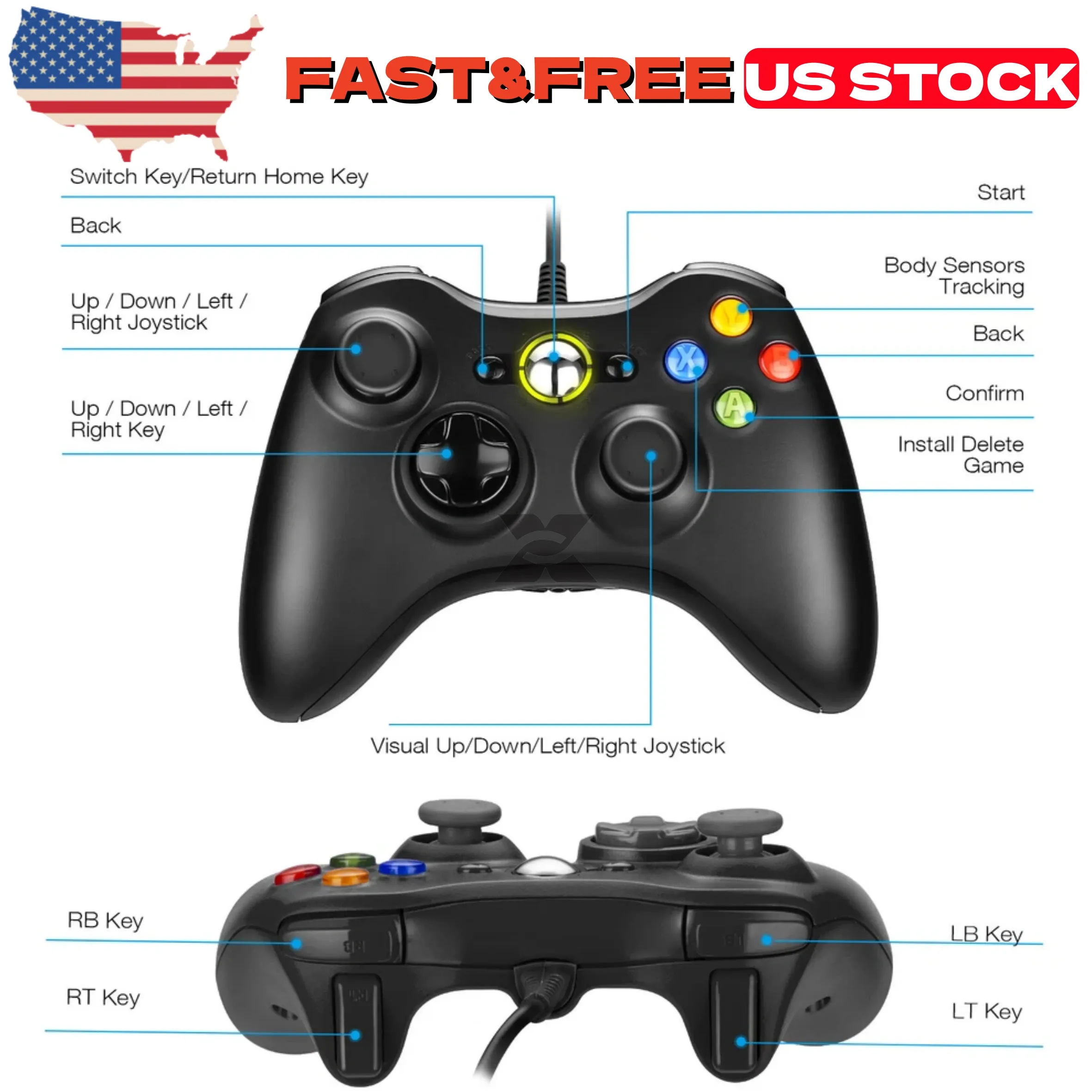 New Wired Controller USB For PC Compatible Xbox 360 Windows 7 8 10 11 Gamepad US